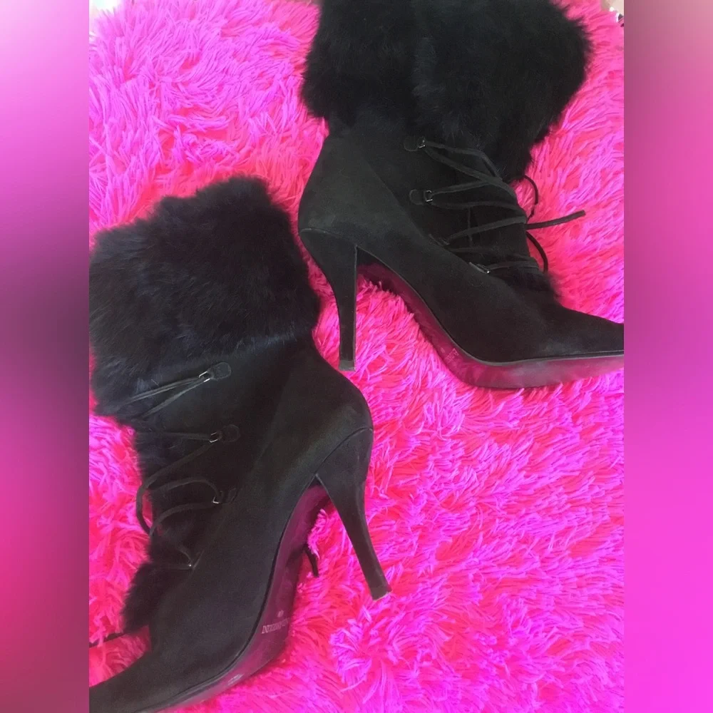 💝See New Listing💝 Enzo Angiolini Black Lace up Leather Boots Fur 9 1/2 M  GUC - Picture 4 of 13